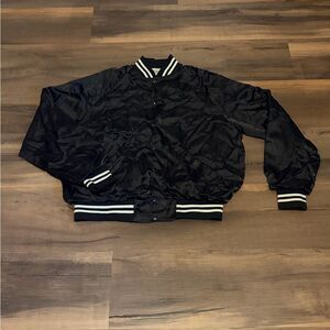 Mens Vintage Black Bomber Jacket with White Stripes Size XXL